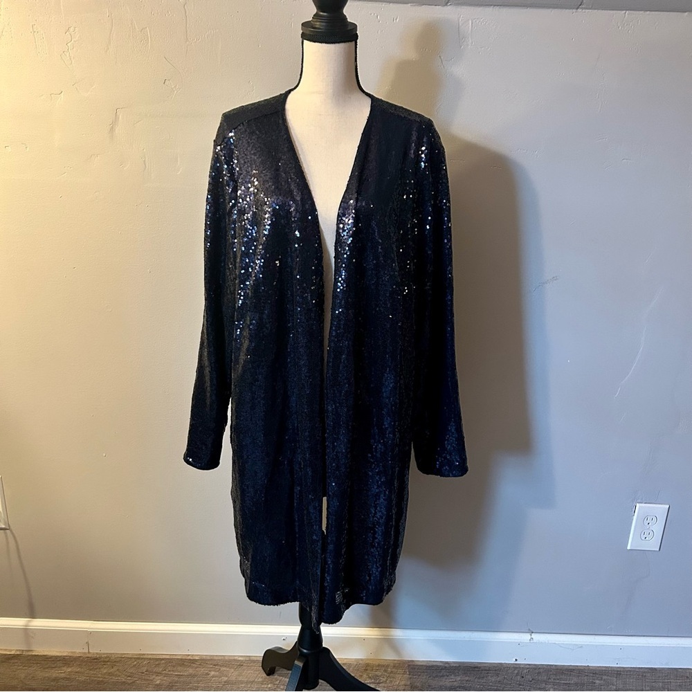 Isaac Mizrahi Live Navy Blue Sequin Open Top Cardigan Sweater Size 3X Wedding